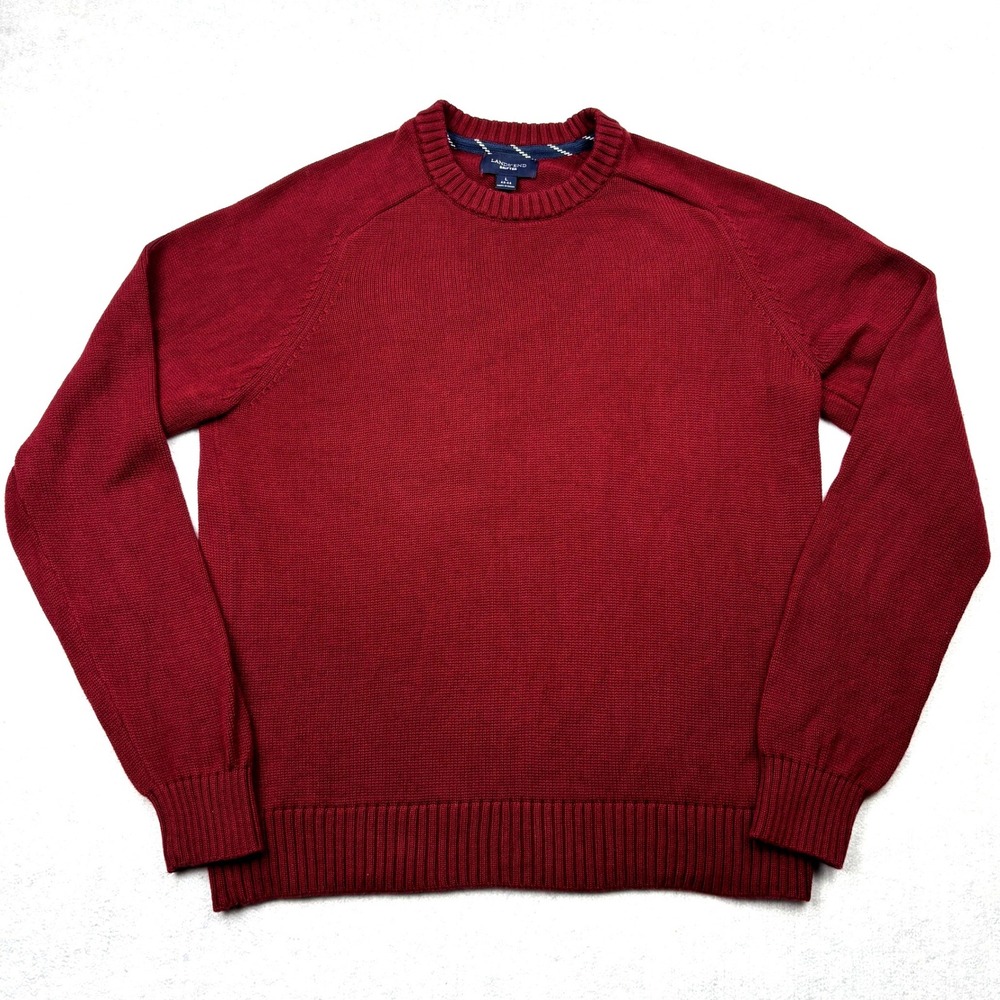 Lands End Mens Large Burgundy Red Drifter Cotton Crewneck‎ Raglan Sweater 464091